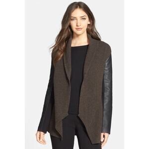 NWTGS EILEEN FISHER Leather Sleeve Wool Draped Sweater Jacket Brown Black SZ PP